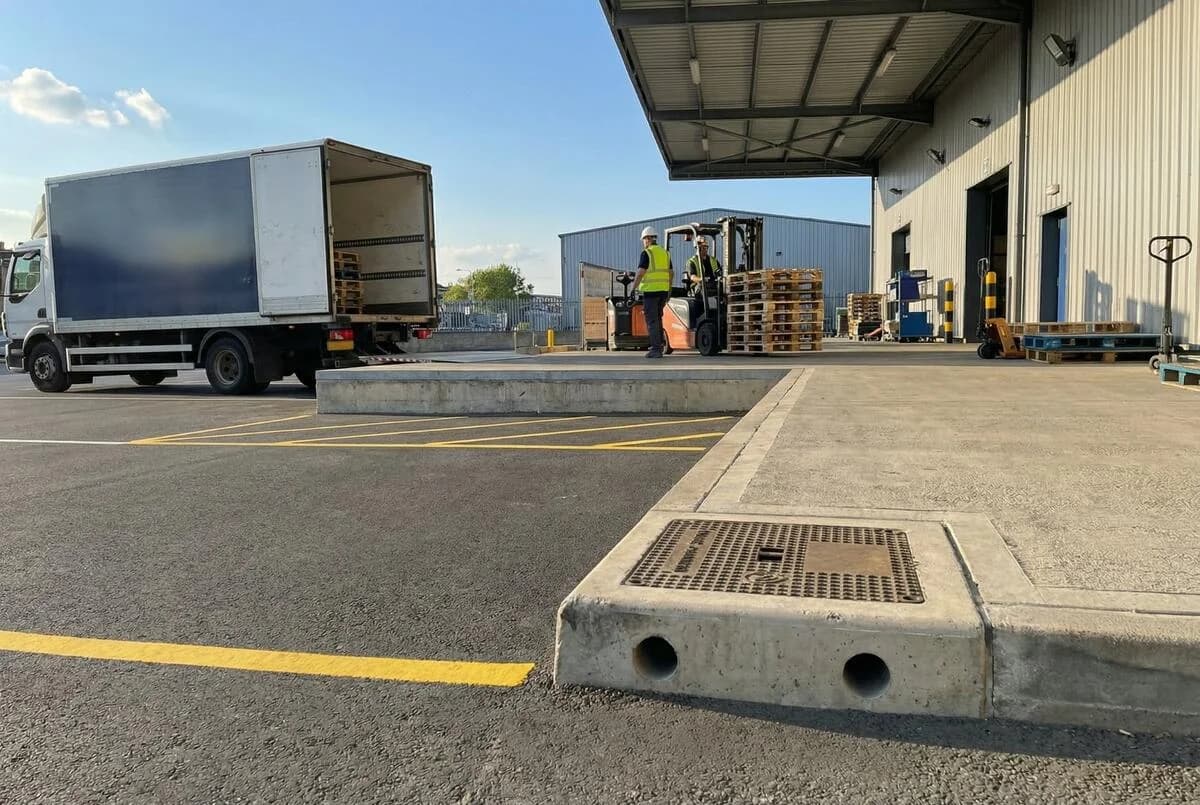 Bordillo XANAEL instalado en el exterior de una instalación industrial alimentaria